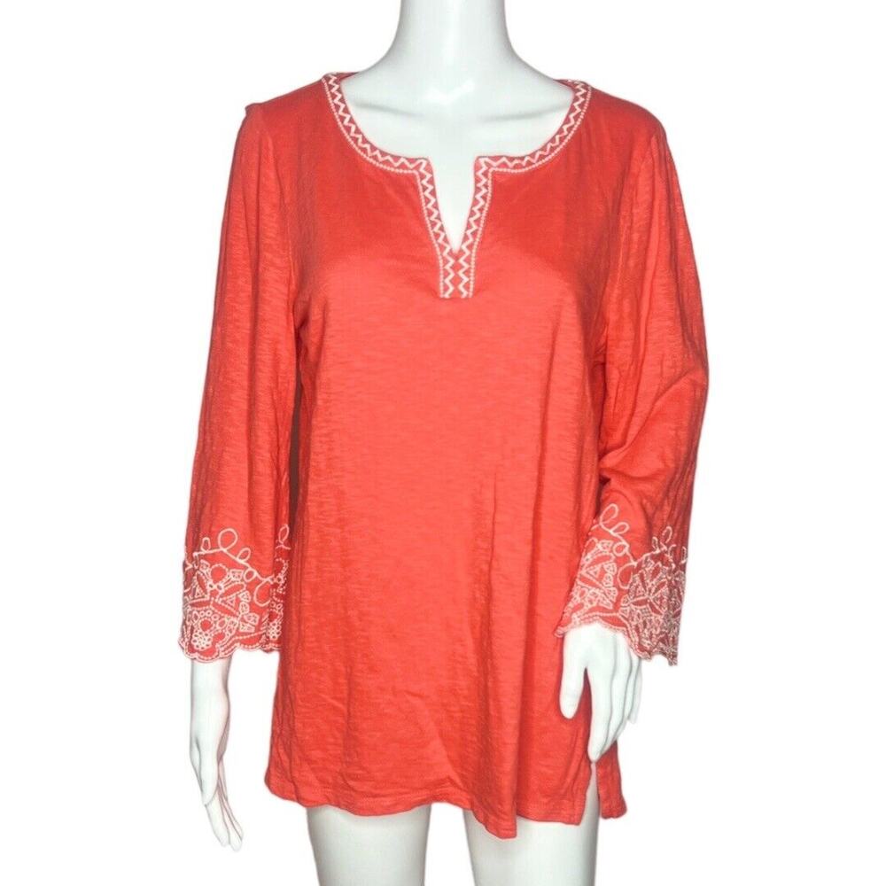 Talbots Shirt Women Medium Coral Orange White Embroidered Tunic Top Boho Peasant